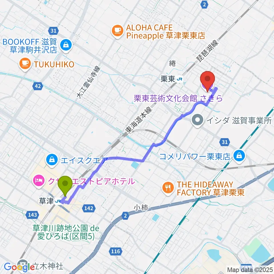 草津駅から栗東芸術文化会館さきらへのルートマップ地図