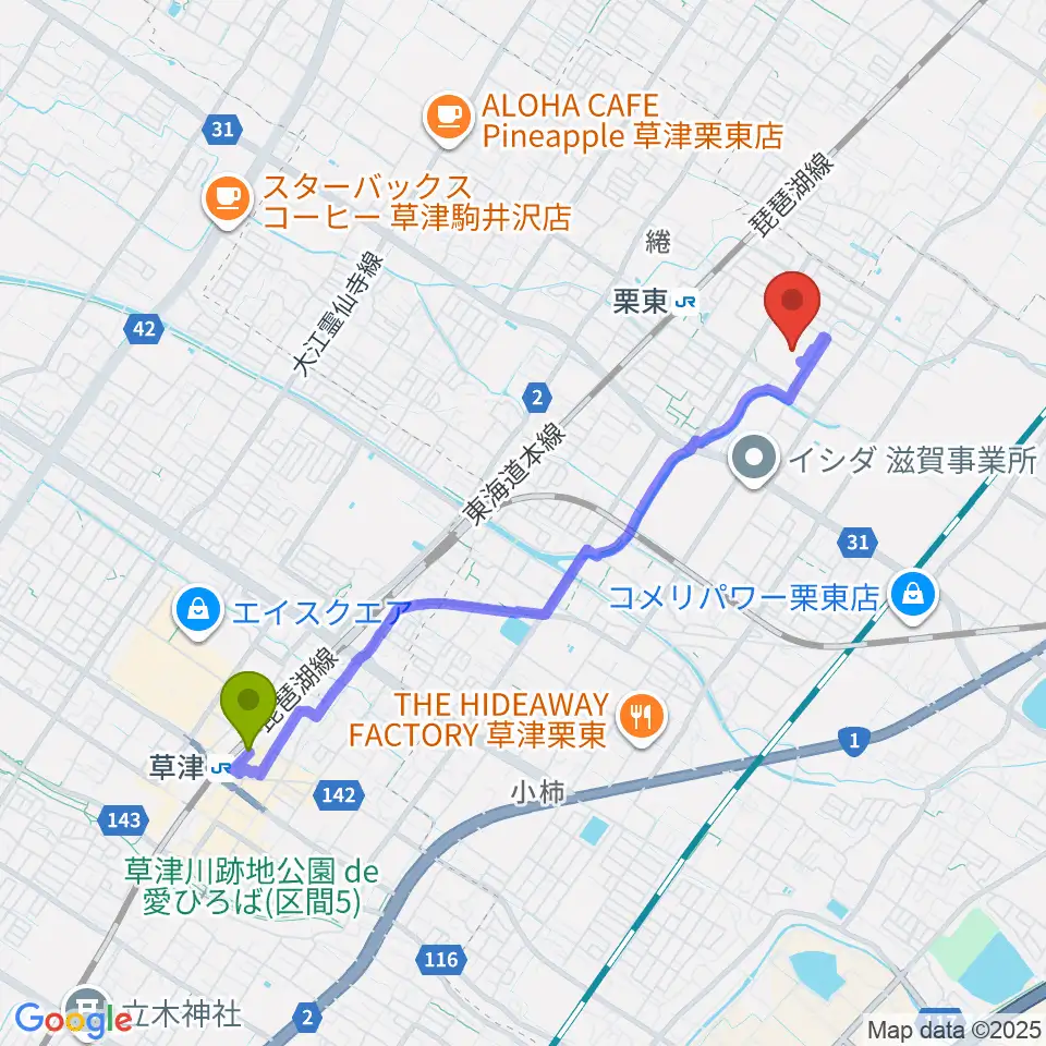 草津駅から栗東芸術文化会館さきらへのルートマップ地図