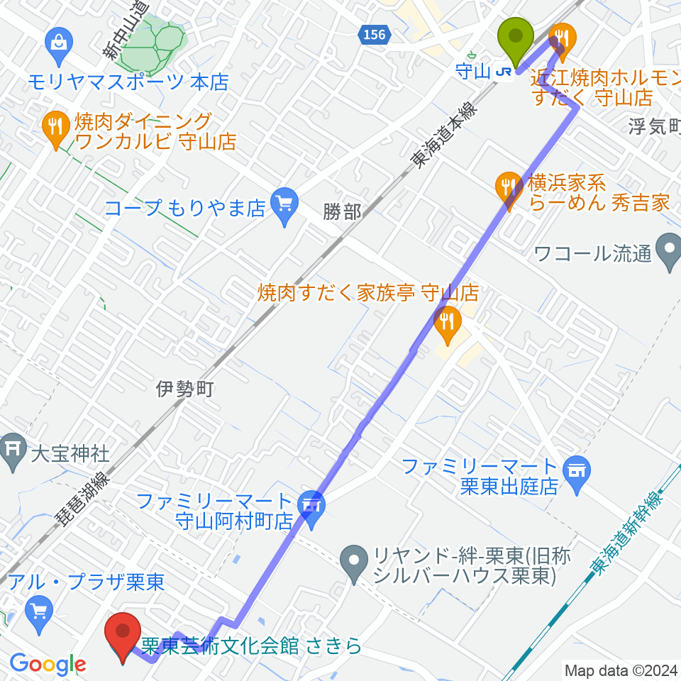 守山駅から栗東芸術文化会館さきらへのルートマップ地図