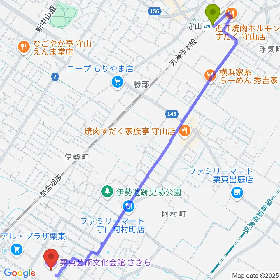 守山駅から栗東芸術文化会館さきらへのルートマップ地図