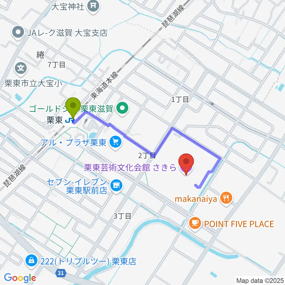 栗東芸術文化会館さきらの最寄駅栗東駅からの徒歩ルート（約7分）地図