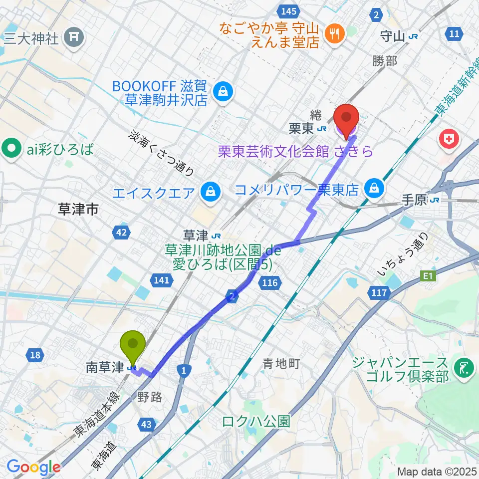 南草津駅から栗東芸術文化会館さきらへのルートマップ地図