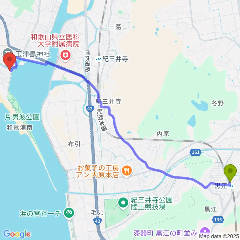 黒江駅から和歌の浦アート・キューブへのルートマップ地図