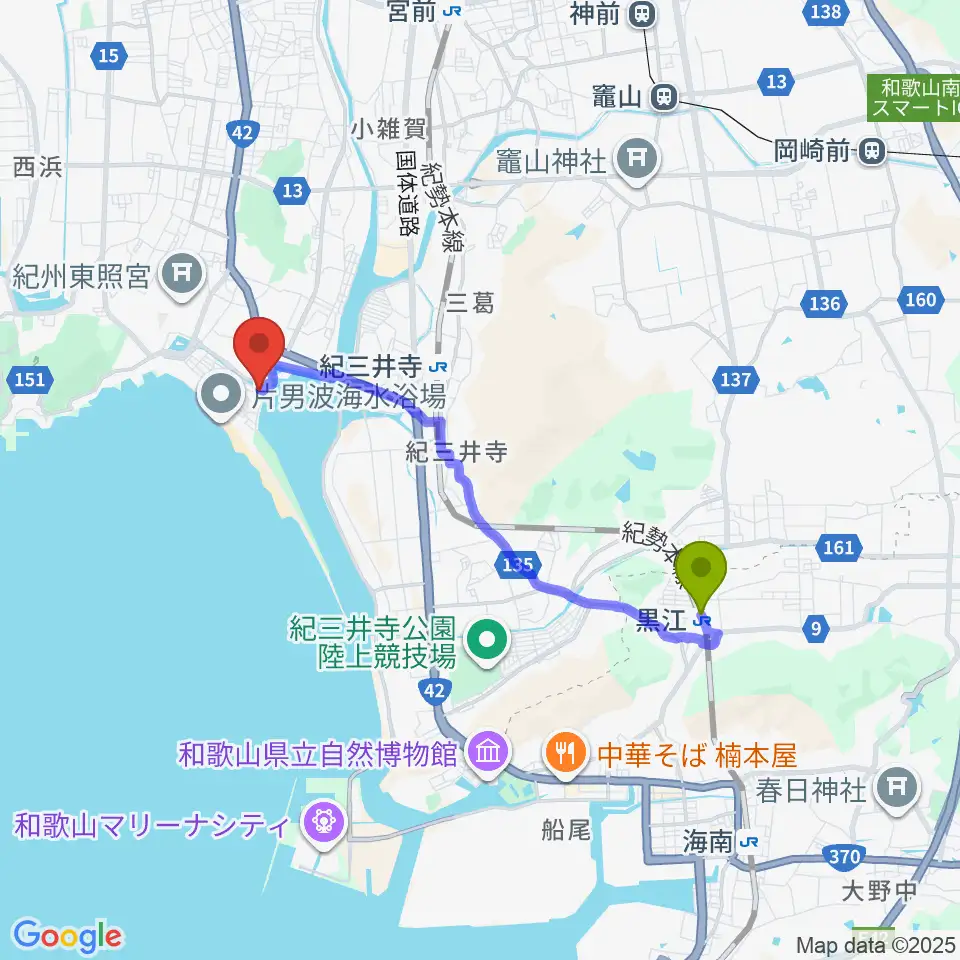 黒江駅から和歌の浦アート・キューブへのルートマップ地図
