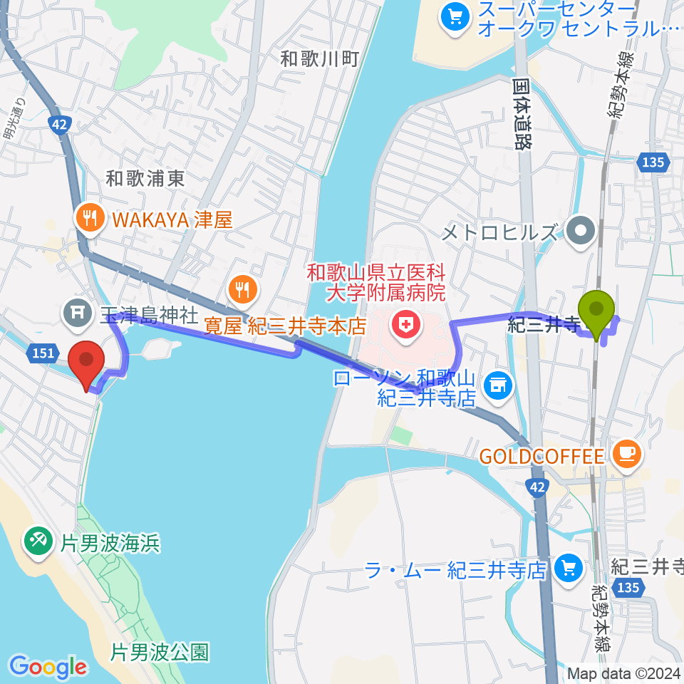 和歌の浦アート・キューブの最寄駅紀三井寺駅からの徒歩ルート（約24分）地図