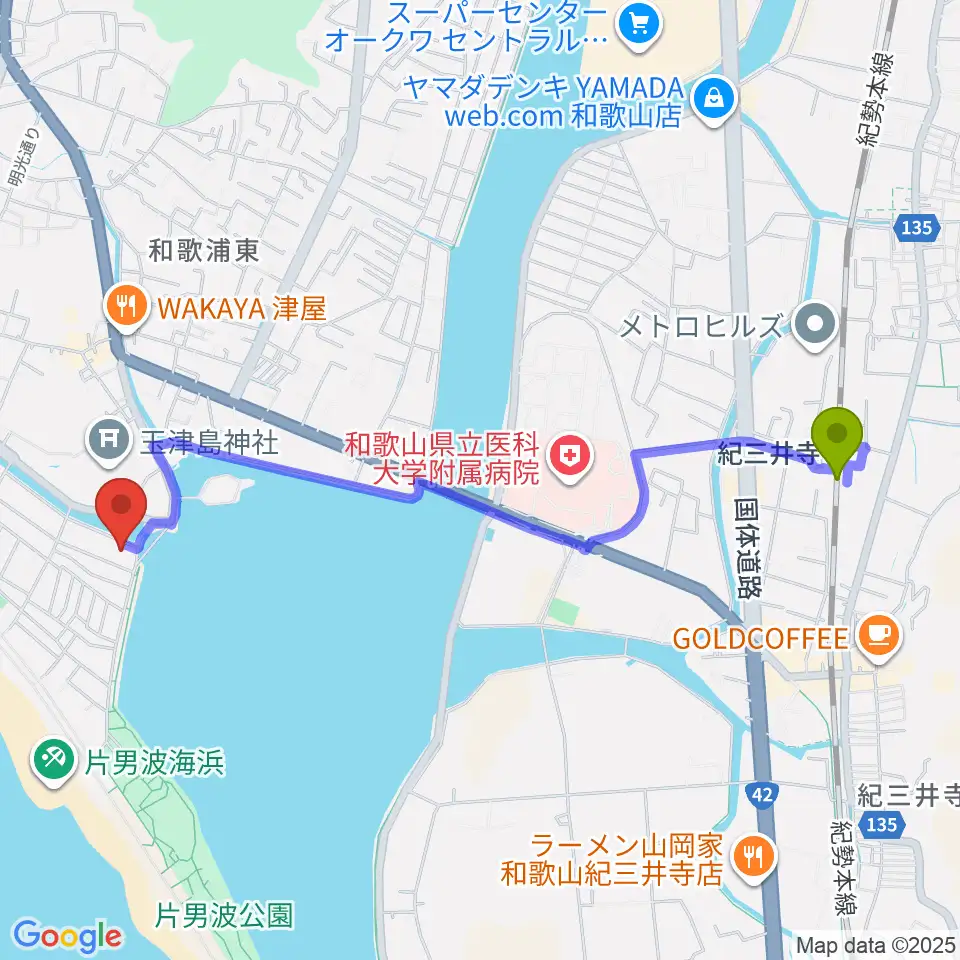 和歌の浦アート・キューブの最寄駅紀三井寺駅からの徒歩ルート（約24分）地図