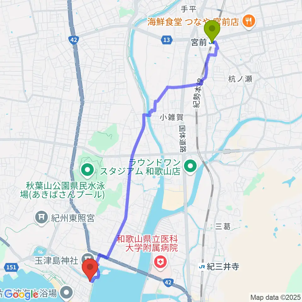宮前駅から和歌の浦アート・キューブへのルートマップ地図