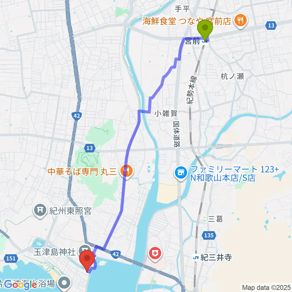 宮前駅から和歌の浦アート・キューブへのルートマップ地図
