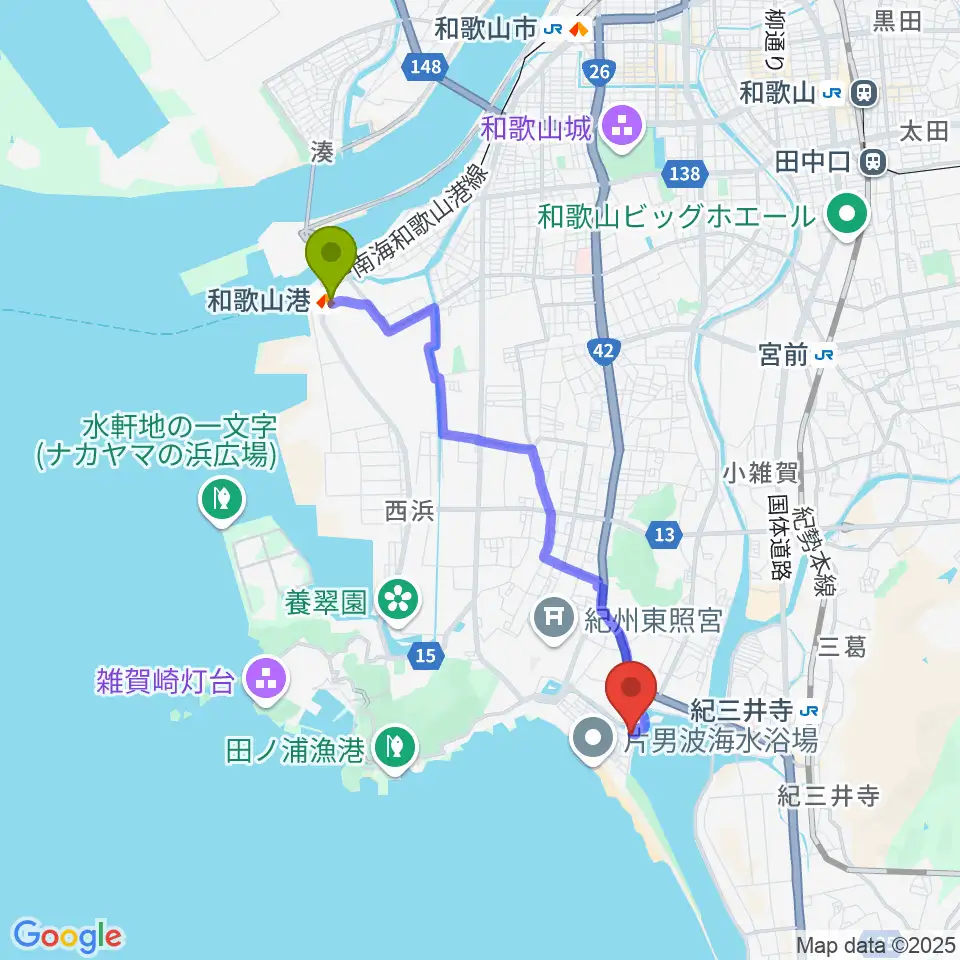 和歌山港駅から和歌の浦アート・キューブへのルートマップ地図