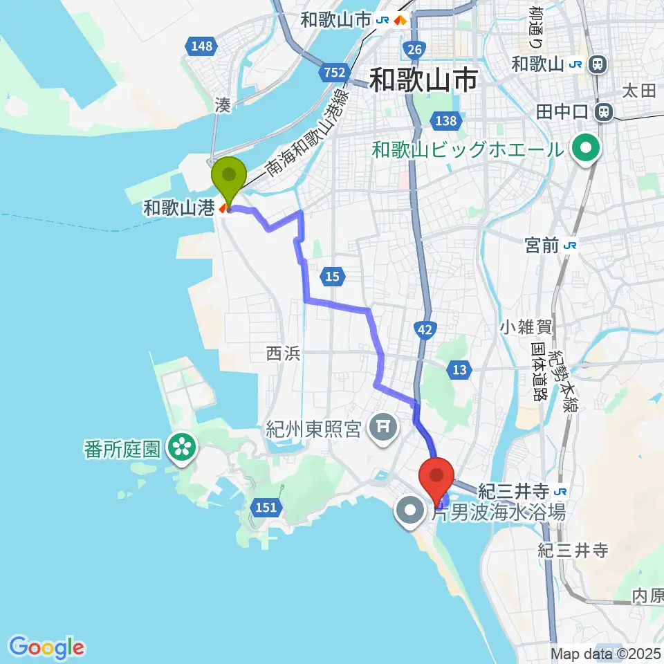 和歌山港駅から和歌の浦アート・キューブへのルートマップ地図
