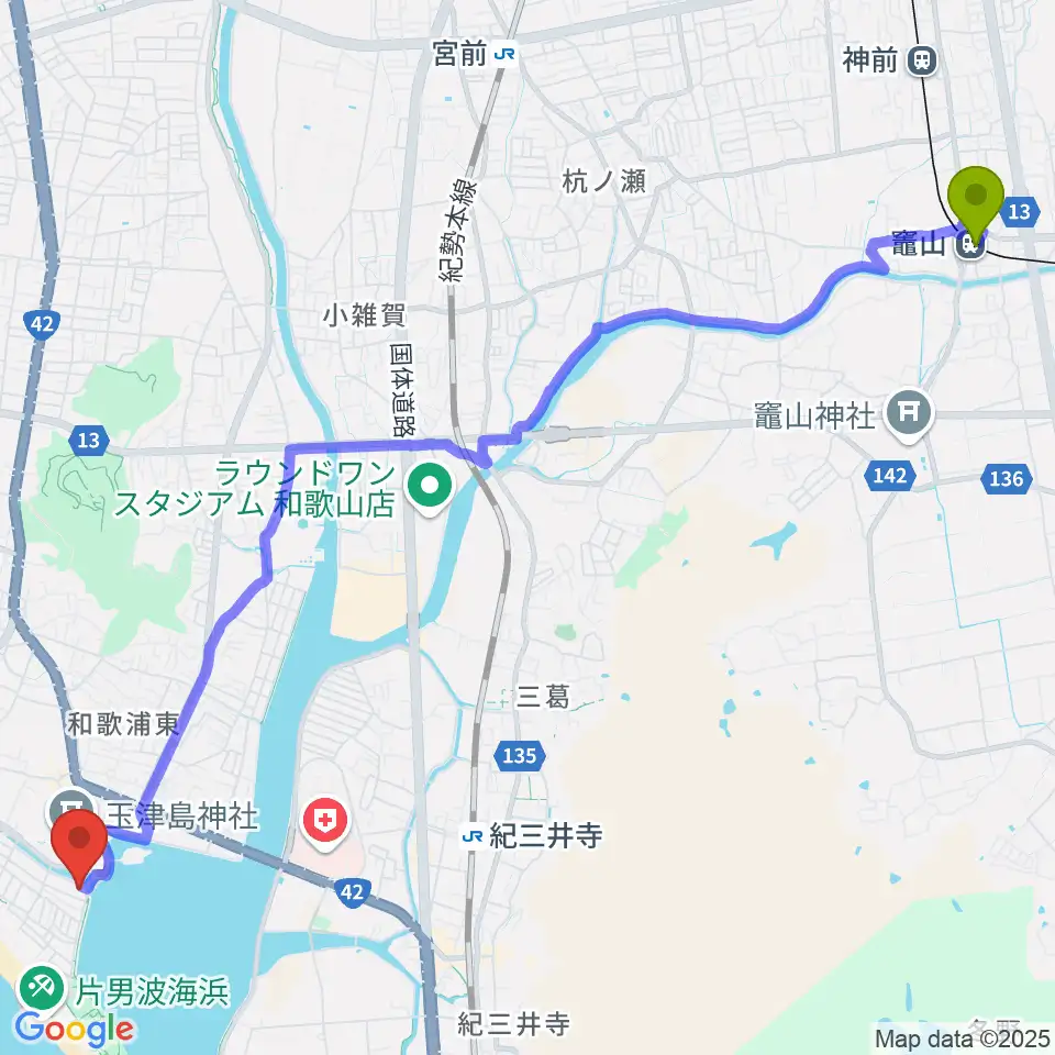 竈山駅から和歌の浦アート・キューブへのルートマップ地図