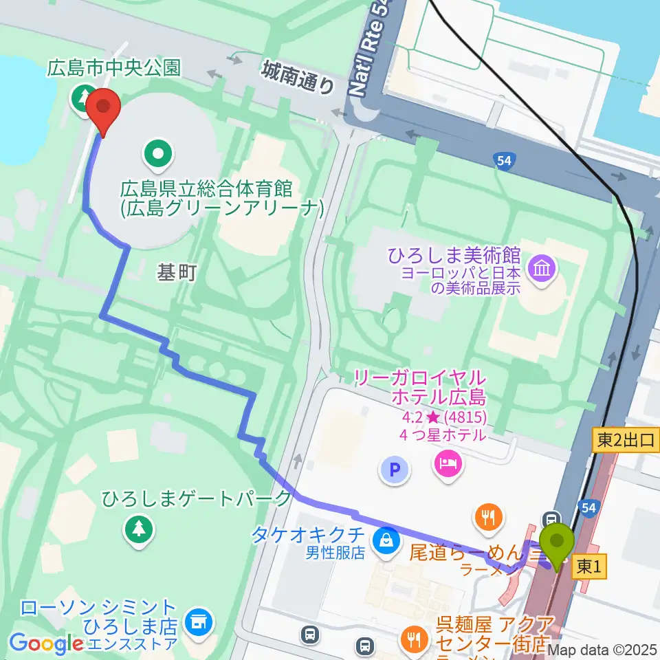 県庁前駅から広島グリーンアリーナへのルートマップ地図