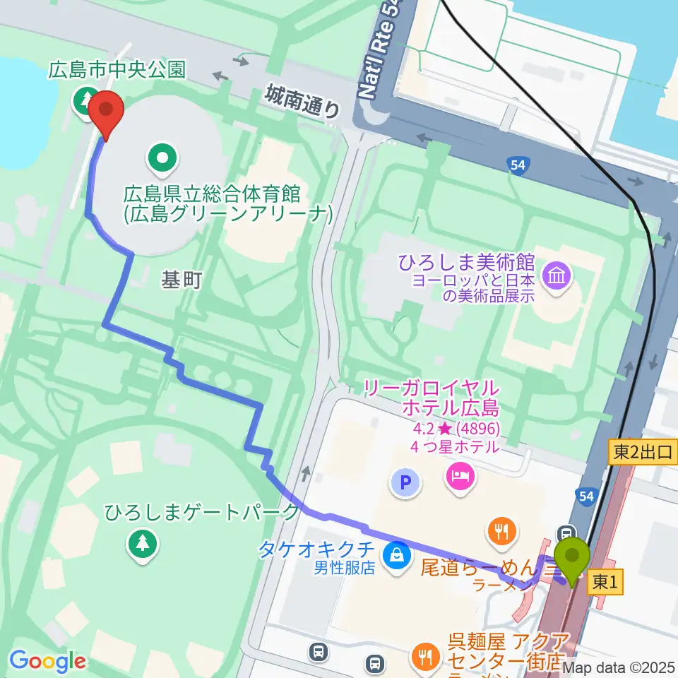 県庁前駅から広島グリーンアリーナへのルートマップ地図
