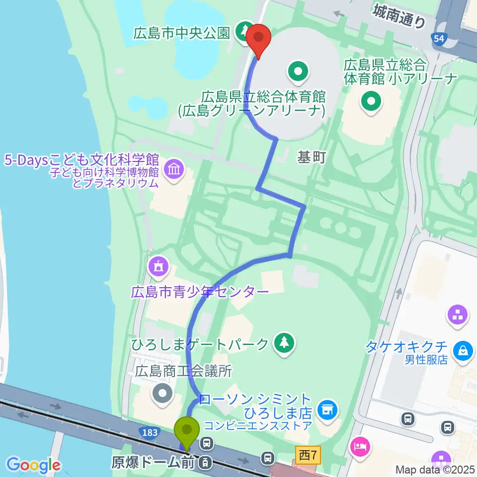 広島グリーンアリーナの最寄駅原爆ドーム前駅からの徒歩ルート（約7分）地図