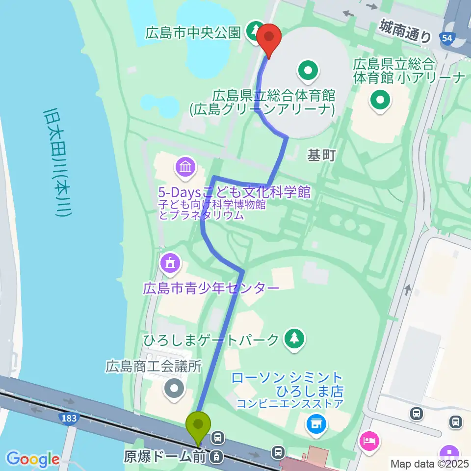 広島グリーンアリーナの最寄駅原爆ドーム前駅からの徒歩ルート（約7分）地図
