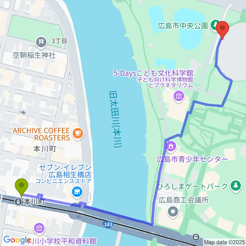本川町駅から広島グリーンアリーナへのルートマップ地図