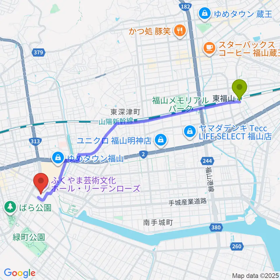 東福山駅からふくやま芸術文化ホールリーデンローズへのルートマップ地図