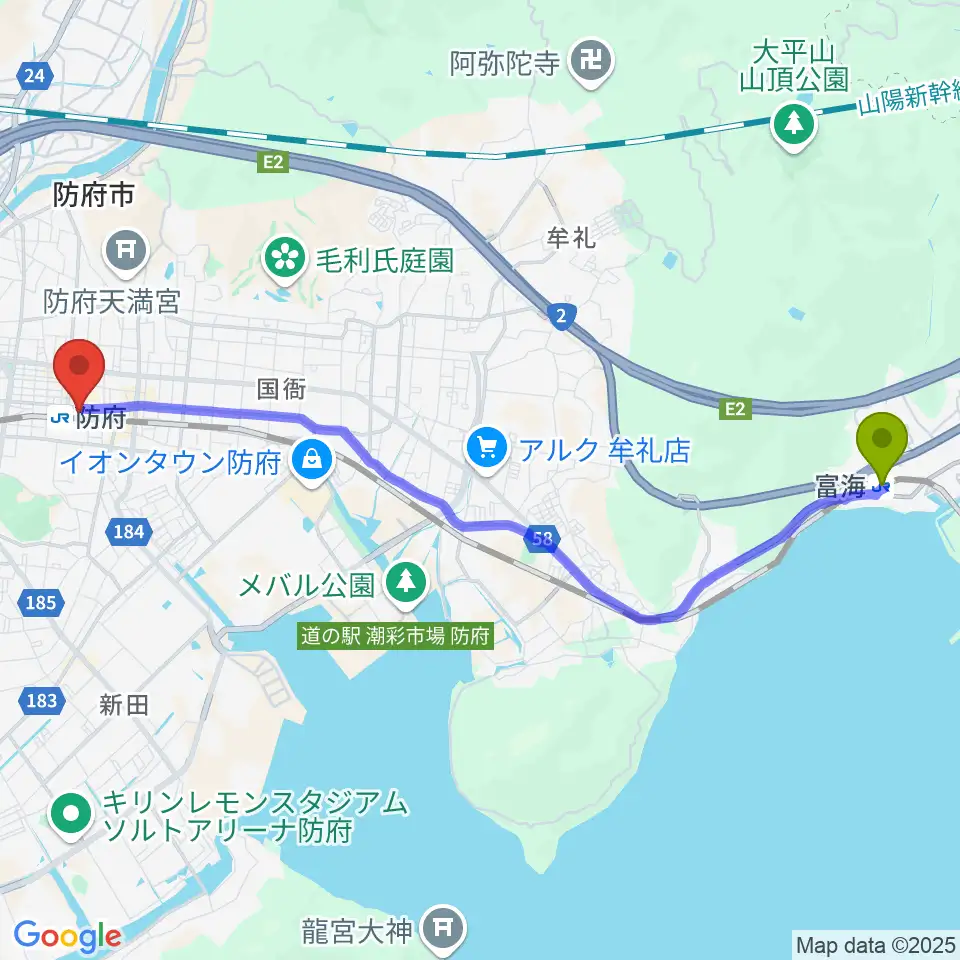 富海駅から防府市地域交流センターアスピラートへのルートマップ地図
