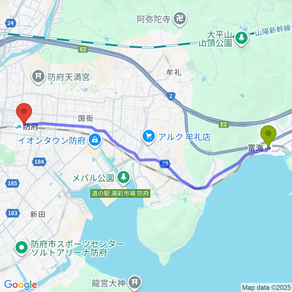 富海駅から防府市地域交流センターアスピラートへのルートマップ地図
