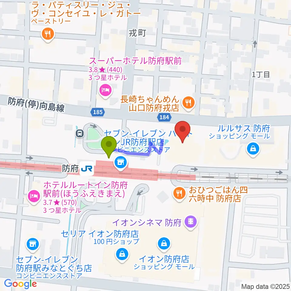 防府市地域交流センターアスピラートの最寄駅防府駅からの徒歩ルート（約2分）地図