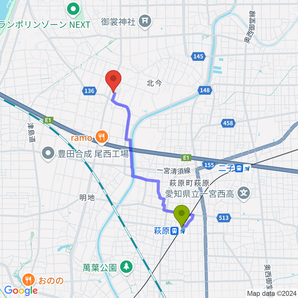 萩原駅からピアノの楽園へのルートマップ地図