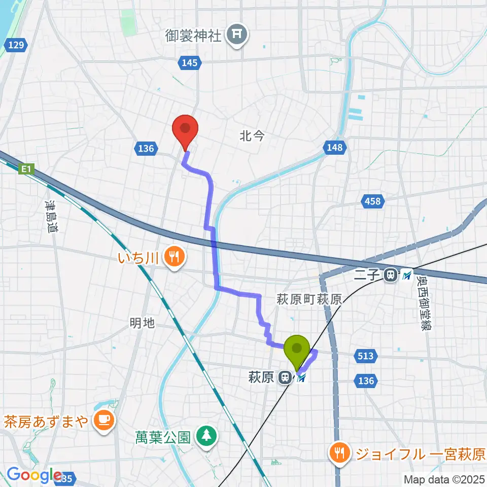 萩原駅からピアノの楽園へのルートマップ地図