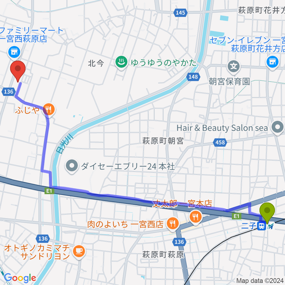 ピアノの楽園の最寄駅二子駅からの徒歩ルート（約31分）地図