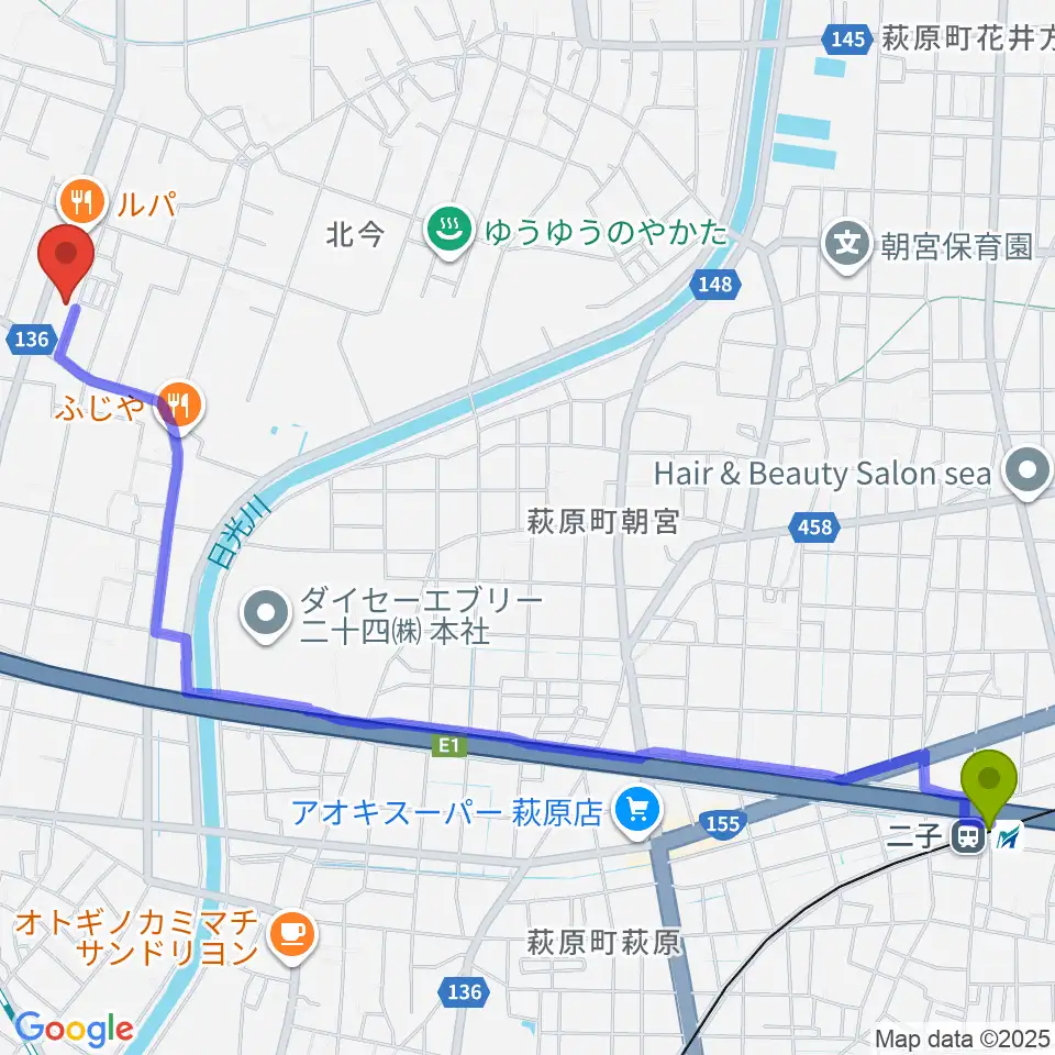 ピアノの楽園の最寄駅二子駅からの徒歩ルート（約31分）地図