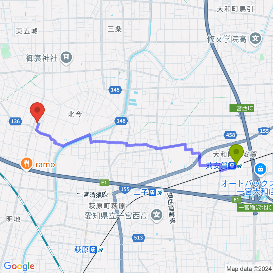 苅安賀駅からピアノの楽園へのルートマップ地図