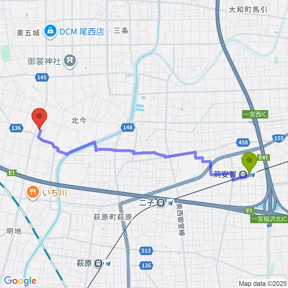 苅安賀駅からピアノの楽園へのルートマップ地図