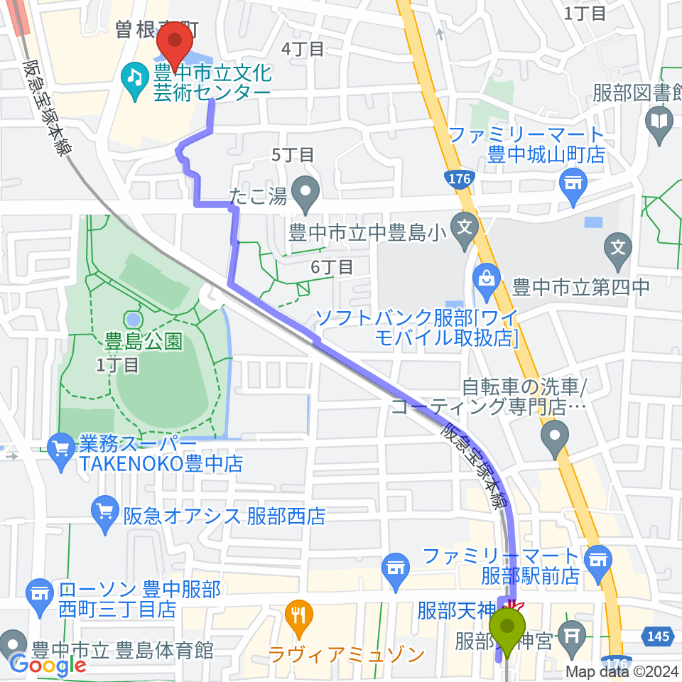 服部天神駅からアクア文化ホールへのルートマップ地図