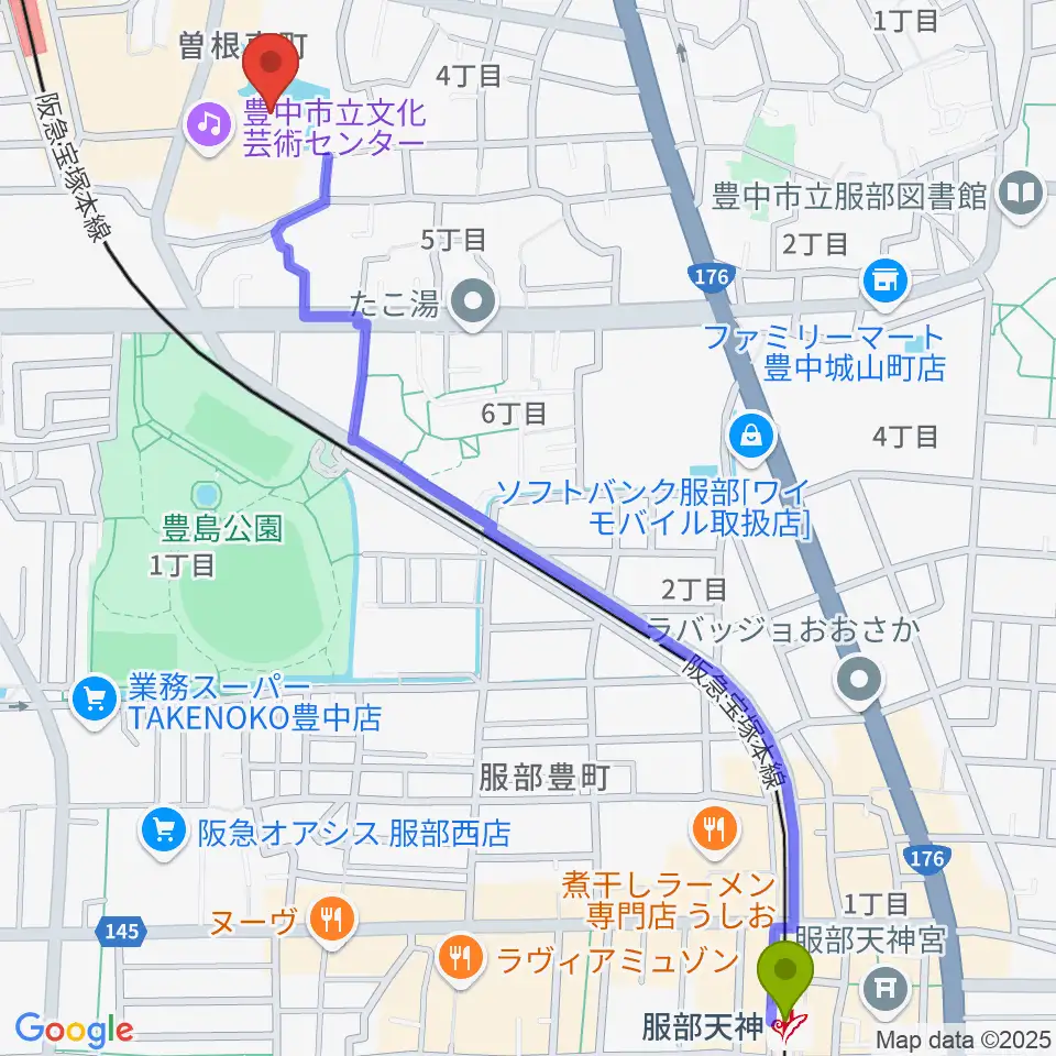 服部天神駅からアクア文化ホールへのルートマップ地図