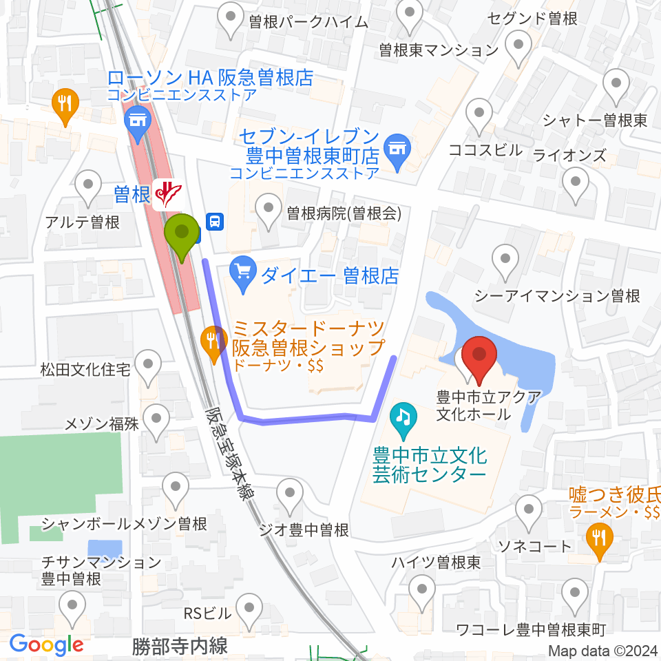 アクア文化ホールの最寄駅曽根駅からの徒歩ルート（約4分）地図