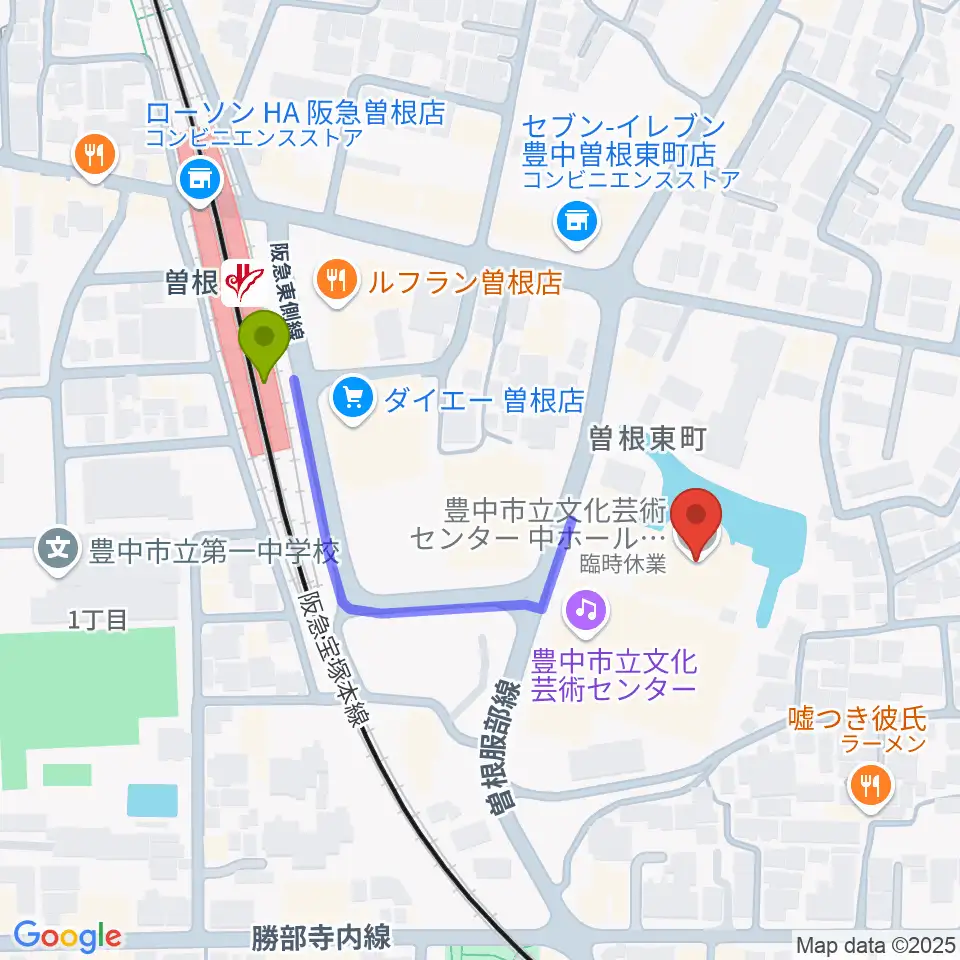 アクア文化ホールの最寄駅曽根駅からの徒歩ルート（約4分）地図