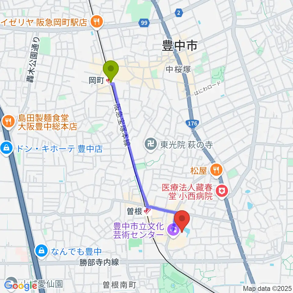 岡町駅からアクア文化ホールへのルートマップ地図