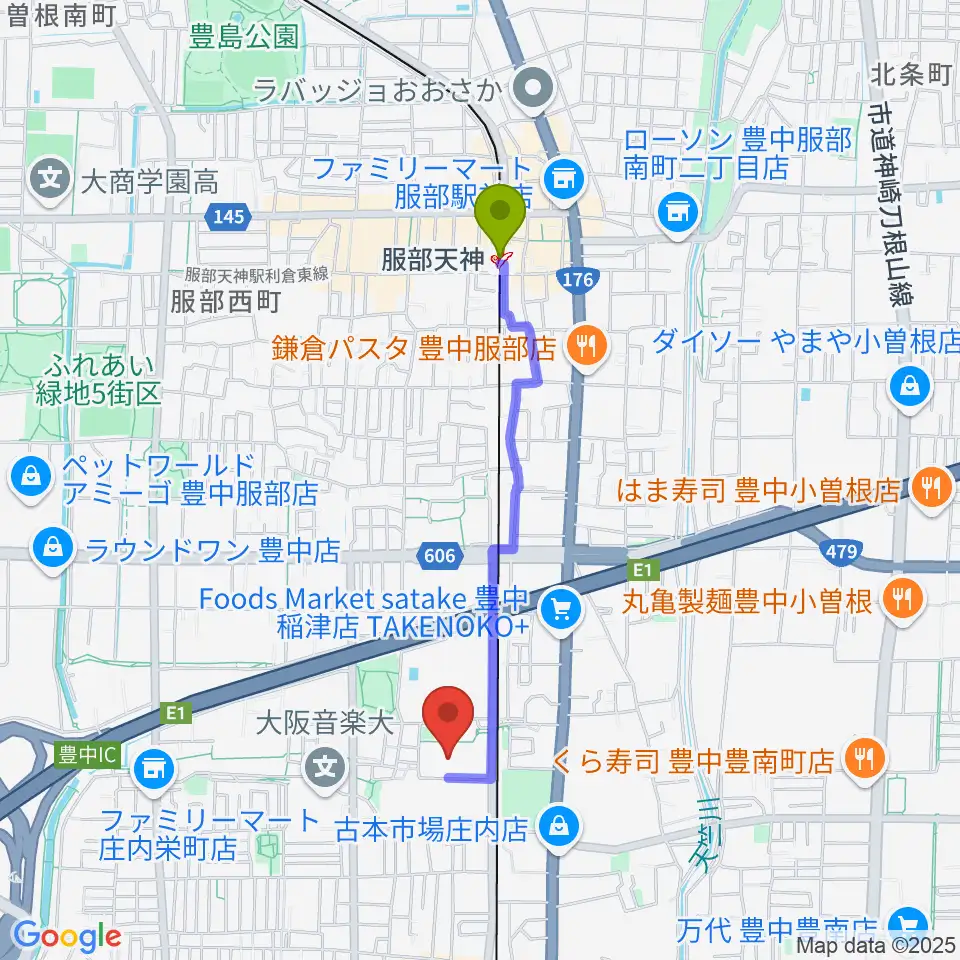 服部天神駅から豊中市立ローズ文化ホールへのルートマップ地図