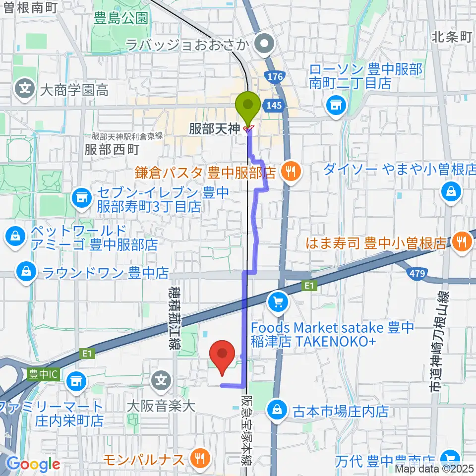 服部天神駅から豊中市立ローズ文化ホールへのルートマップ地図