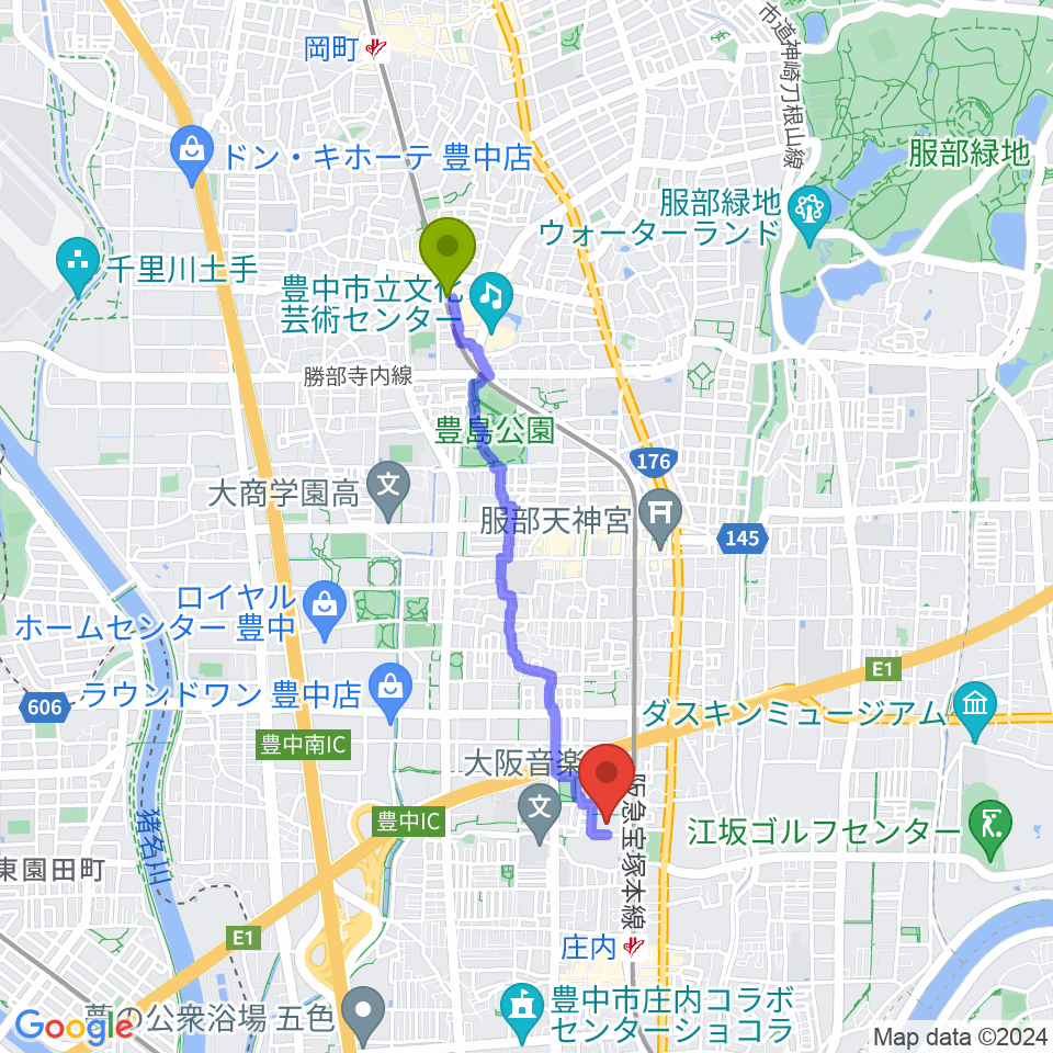 曽根駅から豊中市立ローズ文化ホールへのルートマップ地図