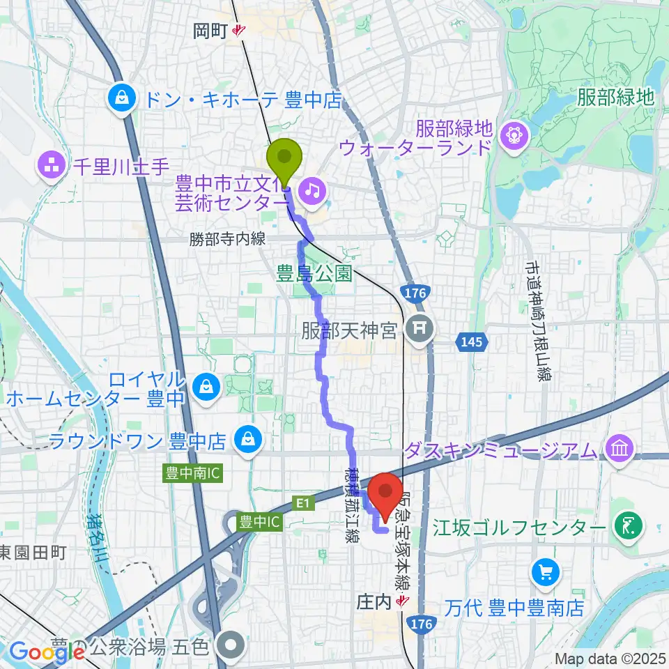 曽根駅から豊中市立ローズ文化ホールへのルートマップ地図