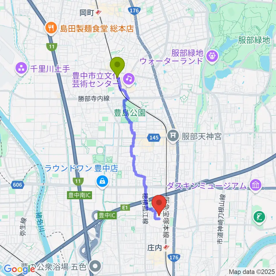 曽根駅から豊中市立ローズ文化ホールへのルートマップ地図