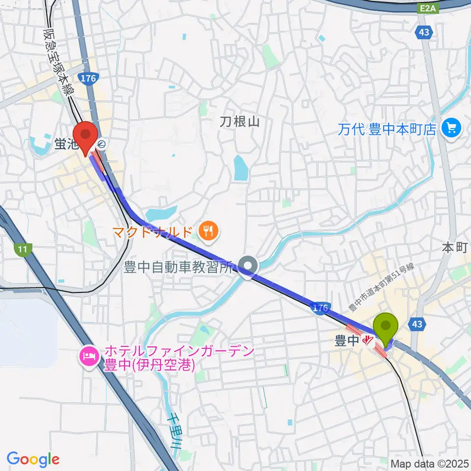豊中駅から蛍池公民館へのルートマップ地図