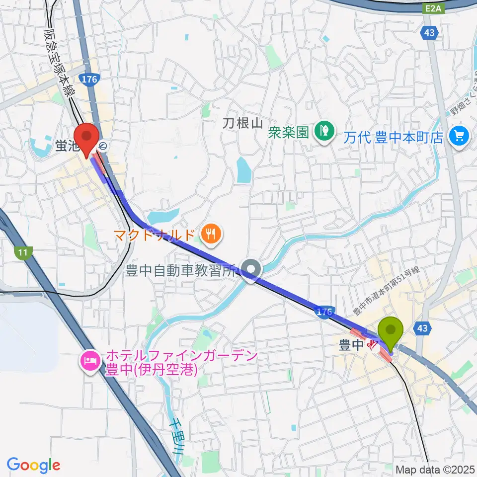 豊中駅から蛍池公民館へのルートマップ地図