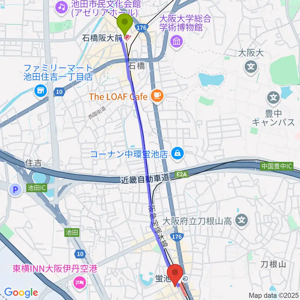 石橋阪大前駅から蛍池公民館へのルートマップ地図