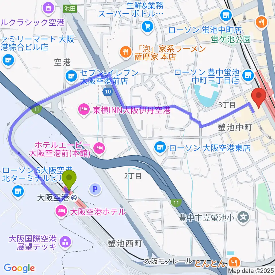 大阪空港駅から蛍池公民館へのルートマップ地図