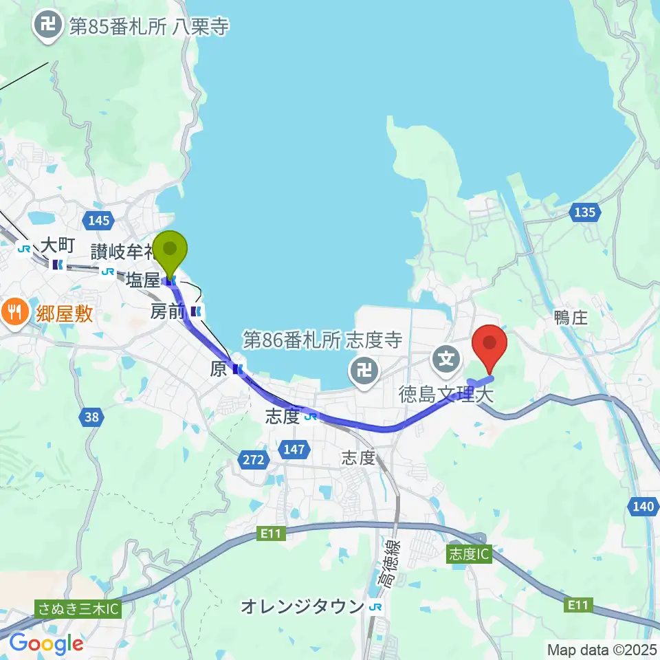 塩屋駅から源内音楽ホールへのルートマップ地図