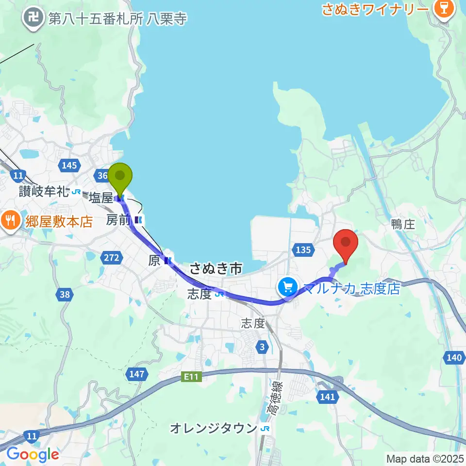 塩屋駅から源内音楽ホールへのルートマップ地図