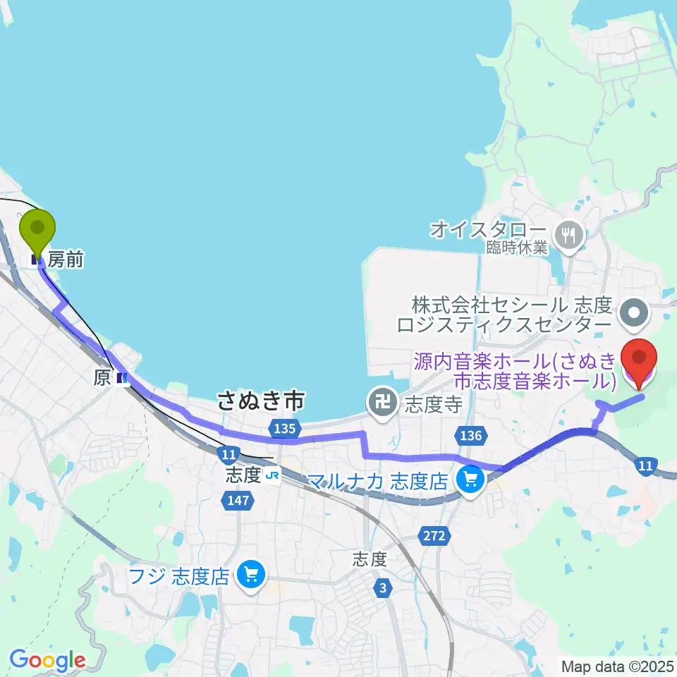 房前駅から源内音楽ホールへのルートマップ地図