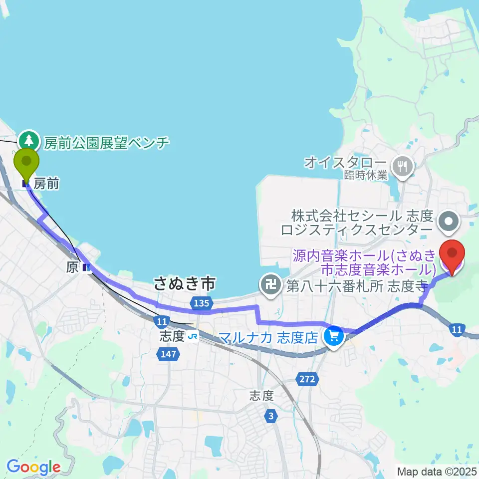 房前駅から源内音楽ホールへのルートマップ地図