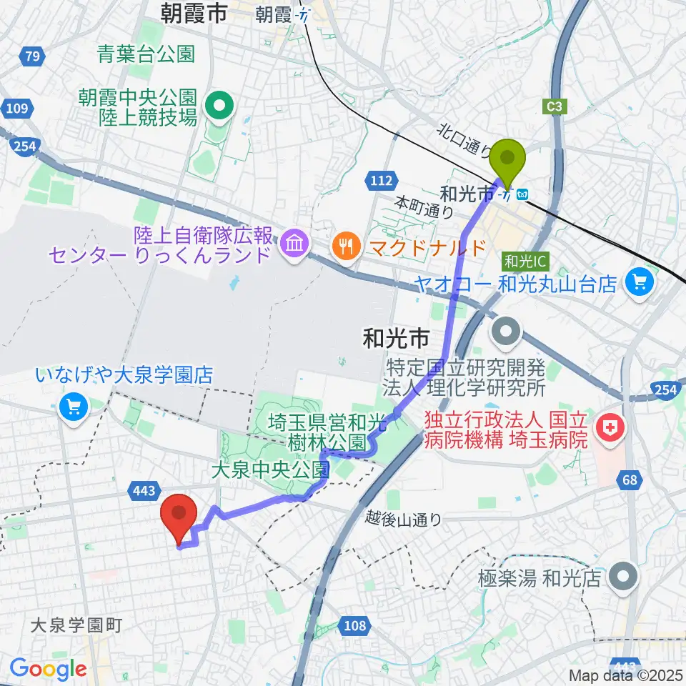 和光市駅から窪田豊ギター教室へのルートマップ地図