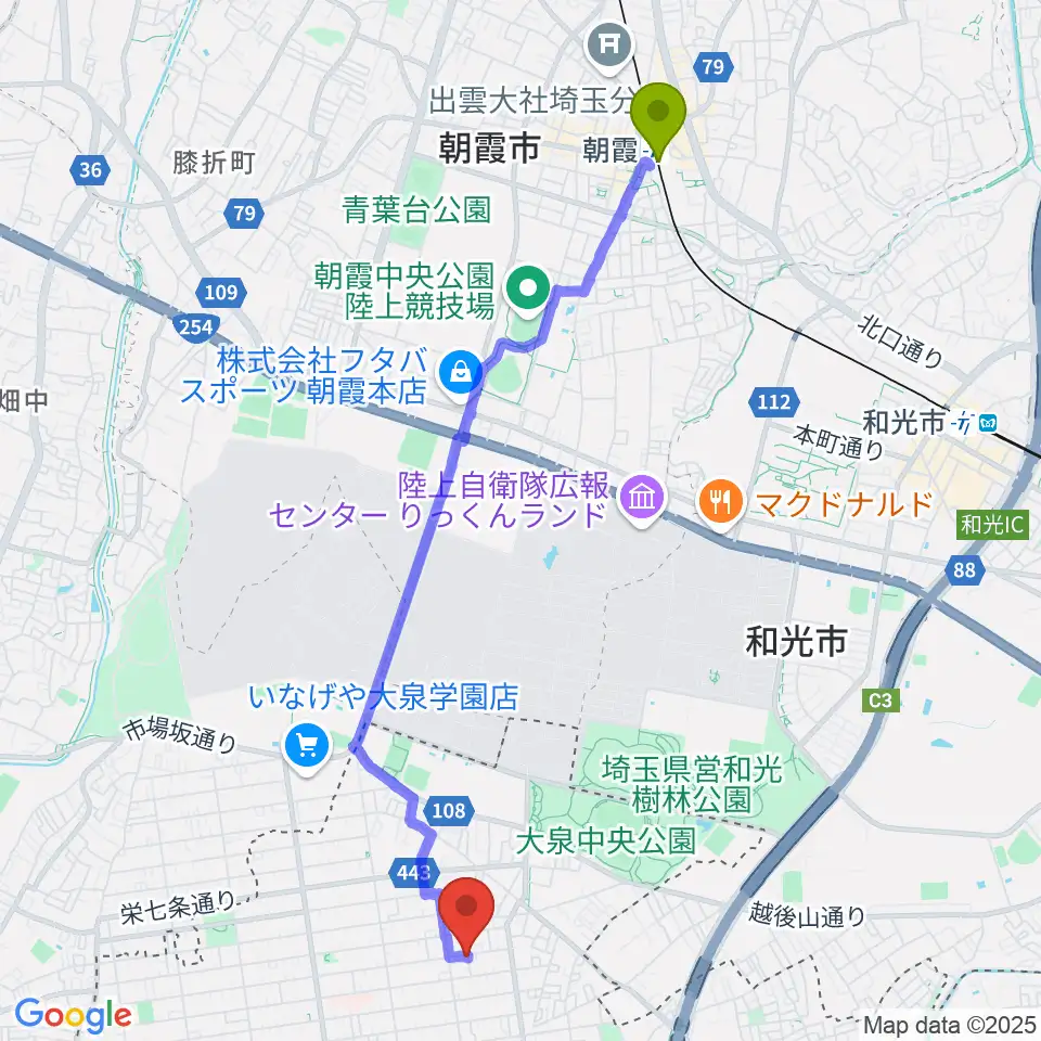 朝霞駅から窪田豊ギター教室へのルートマップ地図
